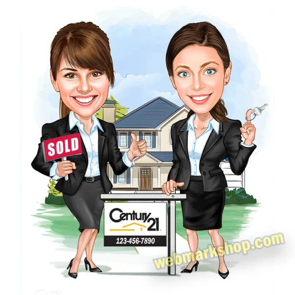 Custom Real Estate Agent Woman team, Century 21 Real Estate Caricature, Caricature Portrait, Real Estate Marketing, Digital Download- webmarkshop.com
