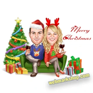 Custom Christmas Couple Caricature – Personalized Holiday Portrait, Xmas Gift, Cartoon Illustration