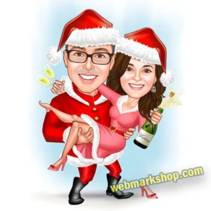 Custom Christmas Couple Caricature – Personalized Holiday Portrait, Xmas Gift, Cartoon Illustration