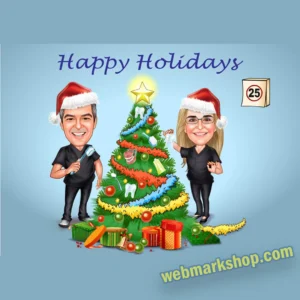 Custom Dentist Christmas Couple Caricature – Personalized Holiday Portrait, Xmas Gift, Cartoon Illustration