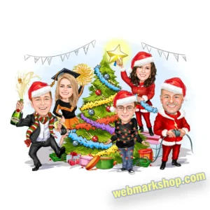 Custom Dentist Christmas Couple Caricature – Personalized Holiday Portrait, Xmas Gift, Cartoon Illustration