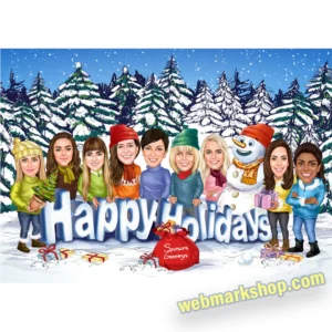 Custom Real Estate Team Christmas Caricature – Realtor Group Holiday Portrait, Personalized Company Xmas Illustration